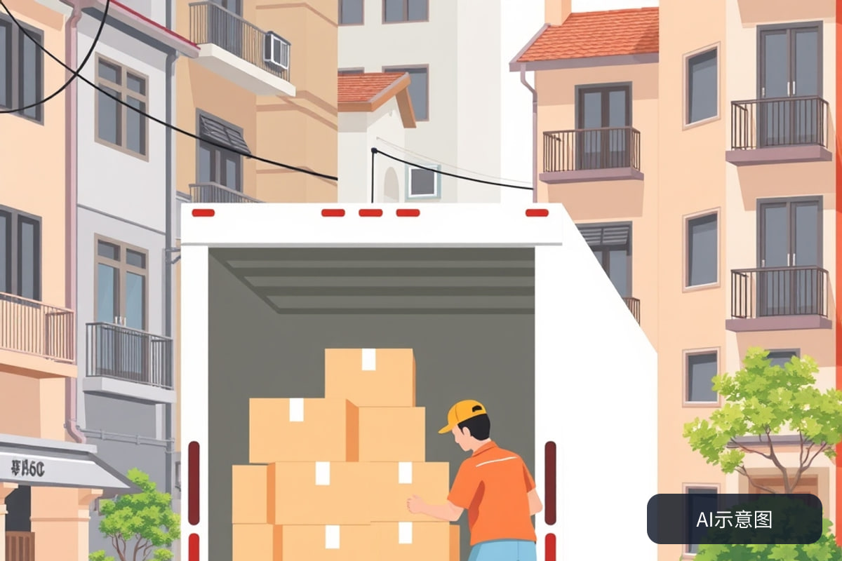 搬家师傅正在将纸箱搬上货车，背景是广州老城区街道