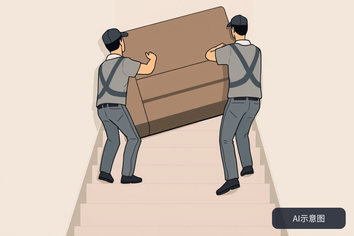 搬家现场,工人在狭窄楼道中搬运大件家具,体现空间受限时的应对。