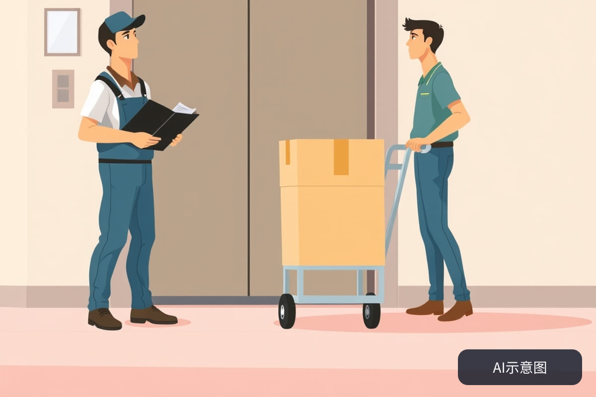 搬运工人在电梯口与客户确认搬运路线